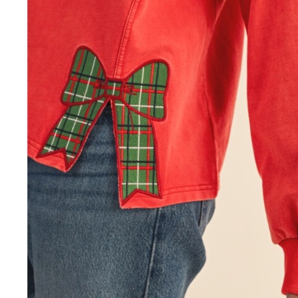 "The Paige" Christmas Plaid Bow Embroidered Slit Sweatshirt - Picture 3 of 4